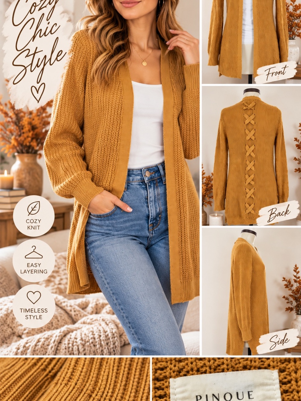 Pinque Design Studio Mustard Cardigan Women’s M Lace Up Back Open Front Knit